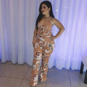 Floral 2 Piece Peach Set Crop Top + Flare Pants